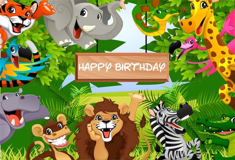 AOFOTO 7x5ft Cartoon Safari Park Animals Backdrop Kids Happy Birthday Party Decorations Fauna Jungle Forest Wildlife Elephant Photography Background Baby Zoo Theme Boy 1st Bday Photo Studio Prop Vinyl - Image 1